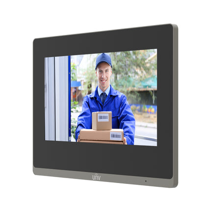 Side profile showing the slim wall-mount design of the Uniview OEI-372S-H-W indoor station.