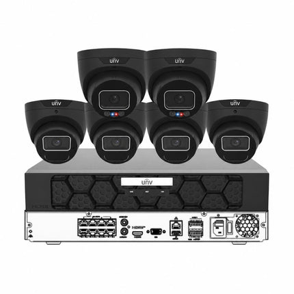 Uniview UNV 6MP CCTV kit — 2 active-deterrence and 4 IR black eyeball cameras with 8-channel AI IQ PoE NVR