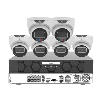 Uniview UNV 8MP 4K CCTV kit — 2 active-deterrence and 4 IR white eyeball cameras with 8-channel AI IQ PoE NVR