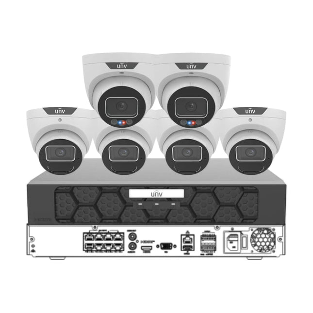Uniview UNV 8MP 4K CCTV kit — 2 active-deterrence and 4 IR white eyeball cameras with 8-channel AI IQ PoE NVR