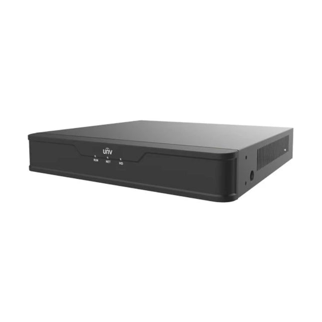 Angled view of Uniview UNV NVR501-08B-P8 compact 4K PoE NVR