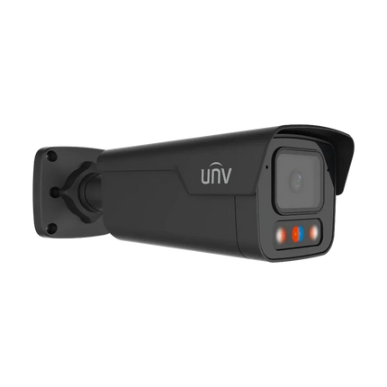 UNV 6MP Active Deterrence Bullet Camera in Black (IPC2B16SS-ADF28KMC-I1-BK) featuring 40m Dual Light and Two-Way Audio.