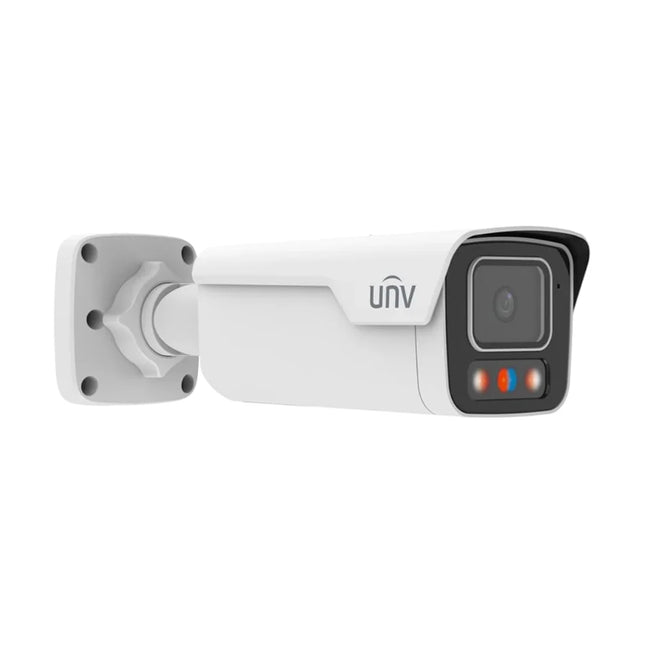 UNV 6MP Active Deterrence Bullet Camera in White (IPC2B16SS-ADF28KMC-I1) with Red/Blue Warning Lights and Siren.