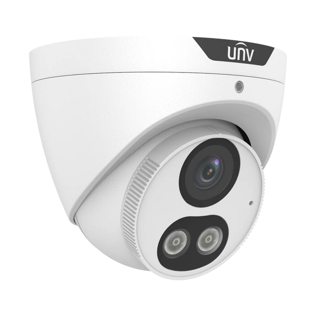 Uniview IPC3616LE-ADF28KM-DL 6MP PoE turret camera with built-in microphone and IP67 housing, side angle view