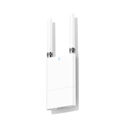 Front view of the sleek white IP66-rated rugged Verkada GC31-E outdoor cellular gateway with dual external N-type omnidirectional antennas mounted at the top.