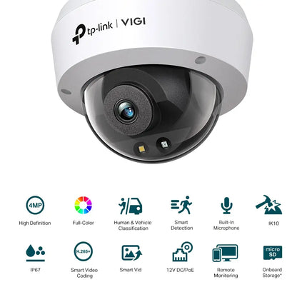 TP-Link VIGI C240 dome security camera highlighting its 4MP resolution and 24-hour full-colour night vision capabilities.