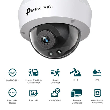 TP-Link VIGI C240I security camera showcasing its 4MP high-definition lens and infrared night vision capabilities.