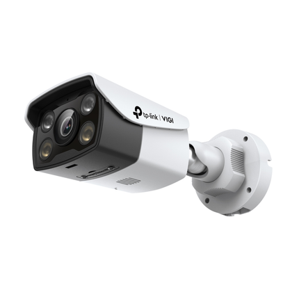Close-up of the TP-Link VIGI C340 bullet camera lens and high-power white LEDs for vivid 24-hour full-colour surveillance.