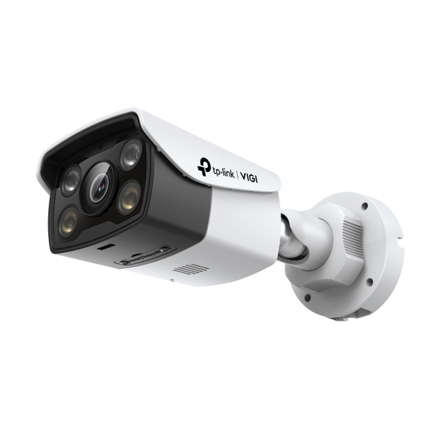 Close-up of the TP-Link VIGI C340 bullet camera lens and high-power white LEDs for vivid 24-hour full-colour surveillance.