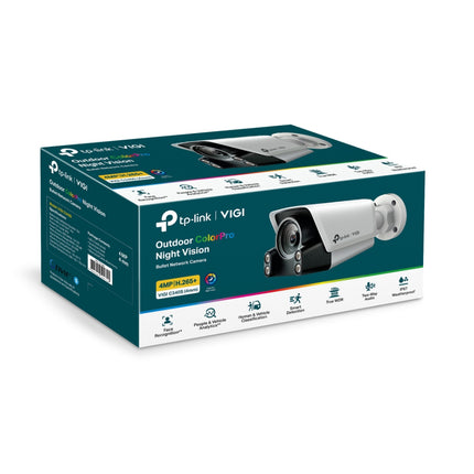 The IP67 weatherproof chassis of the VIGI C340S 4MP bullet network camera resisting heavy rain outdoors.