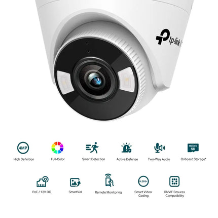 TP-Link VIGI C440 4MP turret network camera highlighting its 24-hour full-colour night vision and smart detection capabilities.