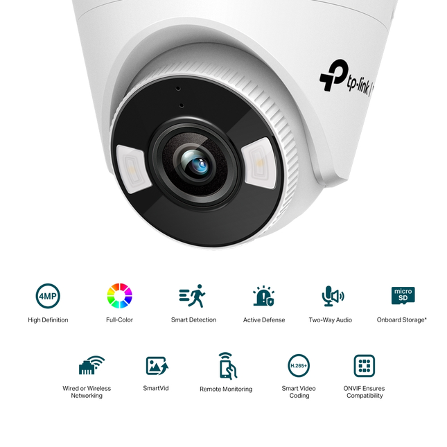 Close-up of the TP-Link VIGI C440-W turret camera lens, showcasing the large aperture and built-in spotlights for full-colour night vision.