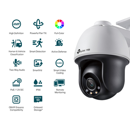 Close-up of the TP-Link VIGI 4MP outdoor camera lens, highlighting the dual built-in spotlights for full-colour night vision.