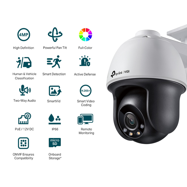 Close-up of the TP-Link VIGI 4MP outdoor camera lens, highlighting the dual built-in spotlights for full-colour night vision.