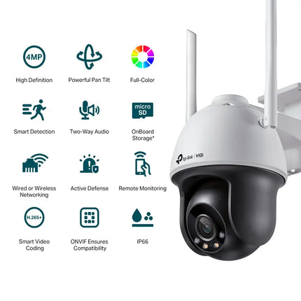 The TP-Link VIGI C540-W wireless security camera, demonstrating its motorized pan and tilt capability for 360-degree area coverage.