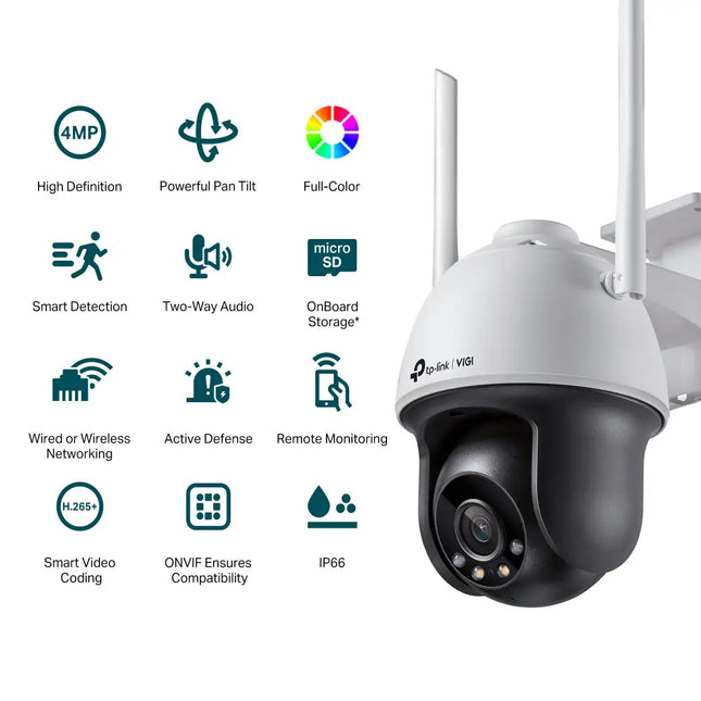 The TP-Link VIGI C540-W wireless security camera, demonstrating its motorized pan and tilt capability for 360-degree area coverage.
