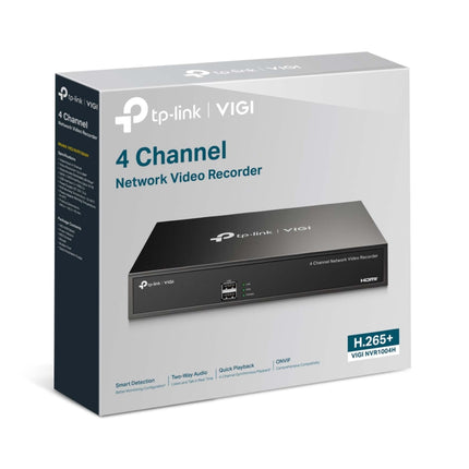 Infographic displaying the VIGI NVR1004H managing a 4-channel live security camera monitoring setup.