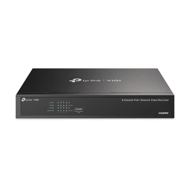 TP-Link VIGI NVR1008H-8MP 8 Channel PoE+ Network Video Recorder front view on a white background.
