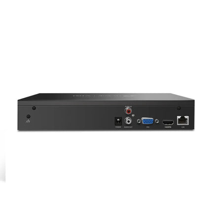 Rear view of the VIGI NVR1008H showing its connectivity options, including an HDMI port, a VGA port for 4K video output, an RJ45 Ethernet port, and a power input.
