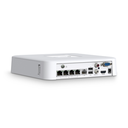 Rear view of the TP-Link VIGI 4-channel NVR showing four PoE+ ports, HDMI, VGA, and power input connections.