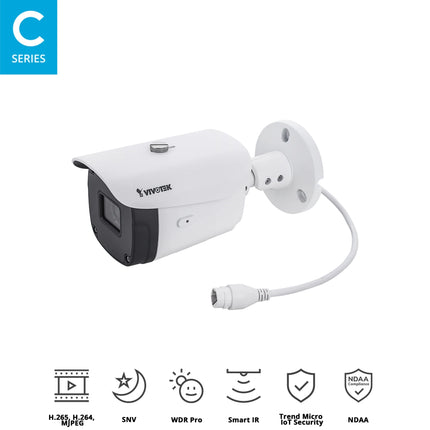 Side profile of VIVOTEK IB9388-HT 5MP weatherproof IP bullet camera featuring sun shield cover and adjustable mounting bracket