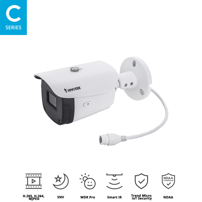 Side profile of VIVOTEK IB9388-HT 5MP weatherproof IP bullet camera featuring sun shield cover and adjustable mounting bracket