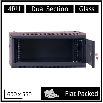 LDR Flat Packed 4U Hinged Wall Mount Cabinet (600mm x 550mm) Glass Door - Black Metal Construction - Top Fan Vents - Side Access Panels - CCTV Guru