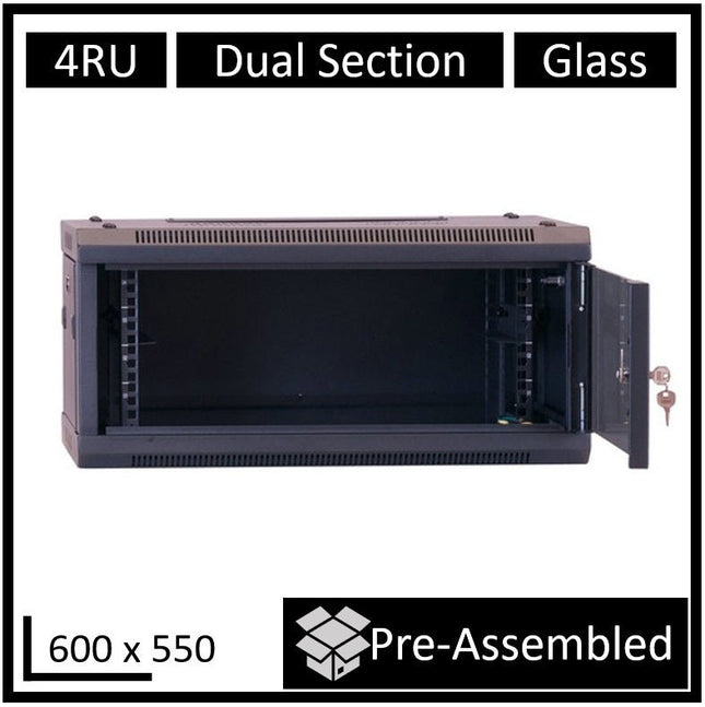 LDR Assembled 4U Hinged Wall Mount Cabinet (600mm x 550mm) Glass Door - Black Metal Construction - Top Fan Vents - Side Access Panels - CCTV Guru