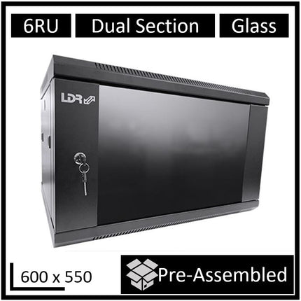LDR Assembled 6U Hinged Wall Mount Cabinet (600mm x 550mm) Glass Door - Black Metal Construction - Top Fan Vents - Side Access Panels - CCTV Guru