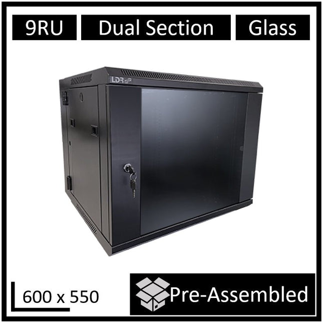 LDR Assembled 9U Hinged Wall Mount Cabinet (600mm x 550mm) Glass Door - Black Metal Construction - Top Fan Vents - Side Access Panels - CCTV Guru