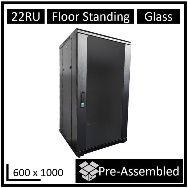 LDR Assembled 22U Server Rack Cabinet (600mm x 1000mm), Glass Door, 1x 8 - Port PDU, 1x 4 - Way Fan, 2x Fixed Shelves - Black Metal Construction - CCTV Guru