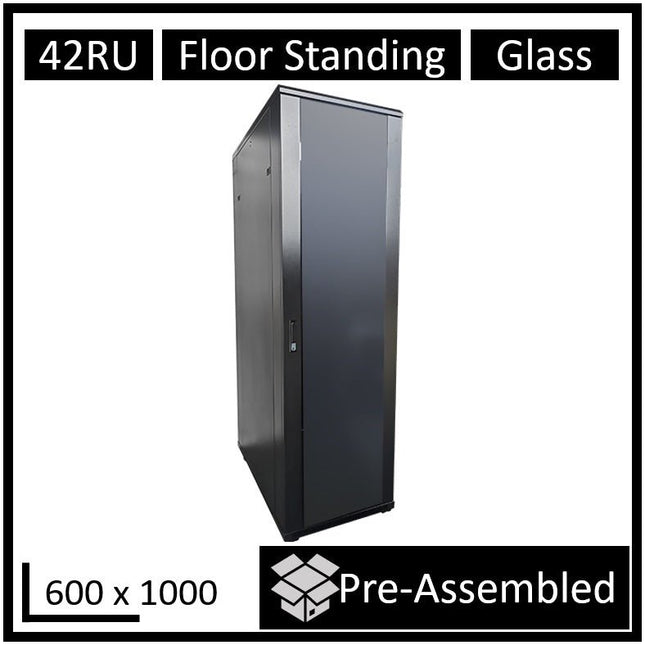 LDR Assembled 42U Server Rack Cabinet (600mm x 1000mm) Glass Door, 1x 8 - Port PDU, 1x 4 - Way Fan, 2x Fixed Shelves - Black Metal Construction - CCTV Guru