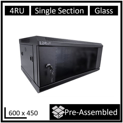 LDR Assembled 4U Wall Mount Cabinet (600mm x 450mm) Glass Door - Black Metal Construction - Top Fan Vents - Side Access Panels - CCTV Guru