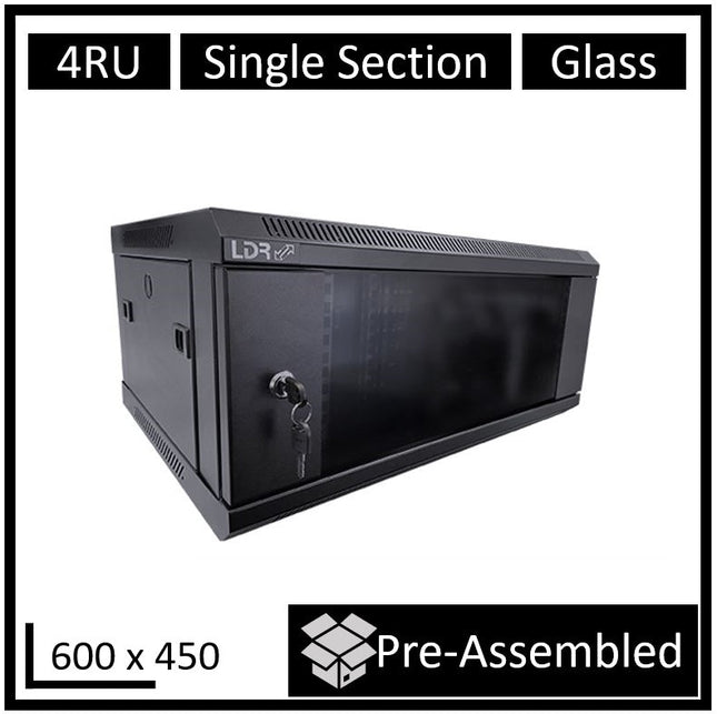LDR Assembled 4U Wall Mount Cabinet (600mm x 450mm) Glass Door - Black Metal Construction - Top Fan Vents - Side Access Panels - CCTV Guru