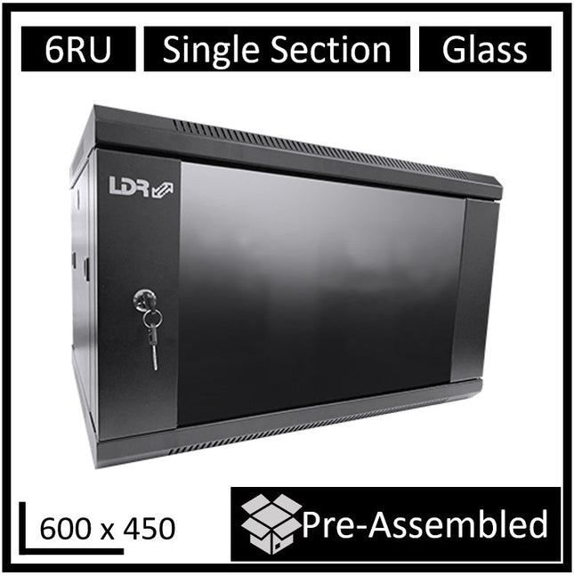 LDR Assembled 6U Wall Mount Cabinet (600mm x 450mm) Glass Door - Black Metal Construction - Top Fan Vents - Side Access Panels - CCTV Guru