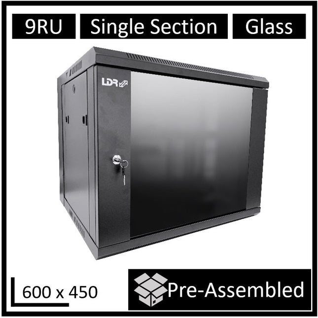LDR Assembled 9U Wall Mount Cabinet (600mm x 450mm) Glass Door - Black Metal Construction - Top Fan Vents - Side Access Panels - CCTV Guru