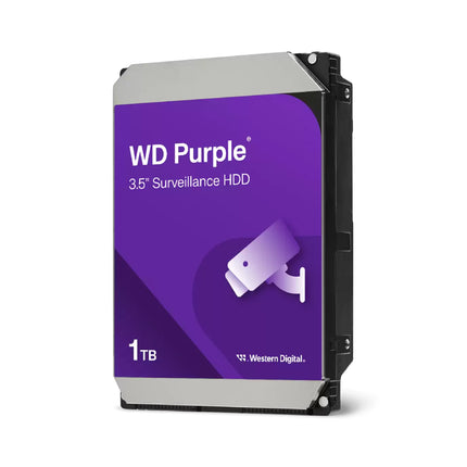 WD Purple WD11PURZ 1TB 3.5-inch surveillance hard drive top view showcasing branding and serial details.