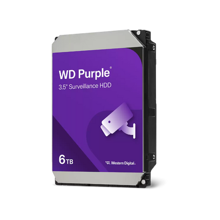 Western Digital WD64PURZ 6TB Purple Surveillance hard drive for professional NVR systems.