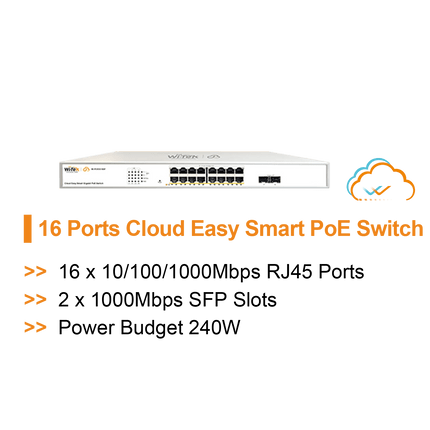Wi - Tek Cloud Easy Smart PoE Switch, 16*10/100/1000Mbps RJ45 Ports 2*1000Mbps SFP Slots - CCTV Guru