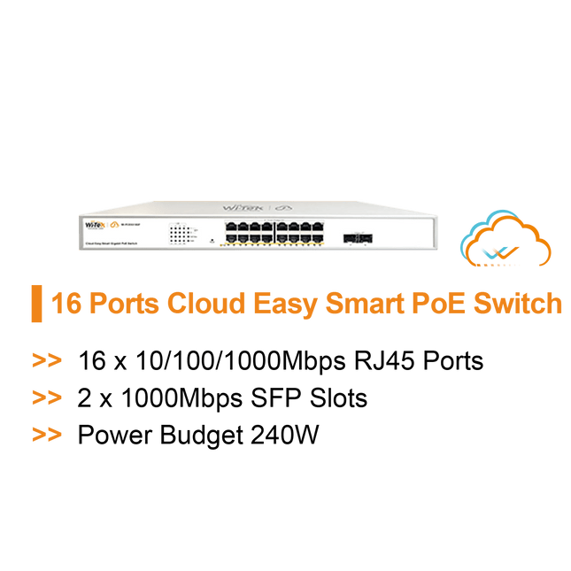 Wi - Tek Cloud Easy Smart PoE Switch, 16*10/100/1000Mbps RJ45 Ports 2*1000Mbps SFP Slots - CCTV Guru