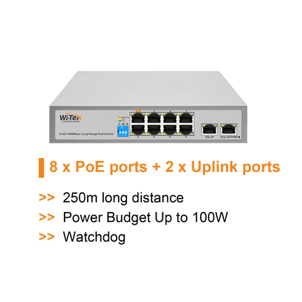 Wi - Tek 8FE+2FE uplink 250m Long Range PoE Switch with 8 Port PoE - CCTV Guru