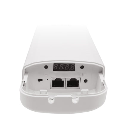 A Wi-Tek 5GHz outdoor CPE bridge unit securely strapped to a metal mounting pole for a long-range wireless network extension.