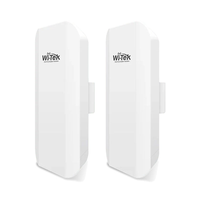 A factory-paired set of two white Wi-Tek outdoor wireless point-to-point bridge units designed for long-range CCTV security system data transmission.