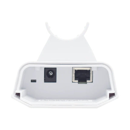 An IP65 weatherproof Wi-Tek 5km wireless CPE antenna pole-mounted alongside an outdoor commercial security camera on a perimeter security post.