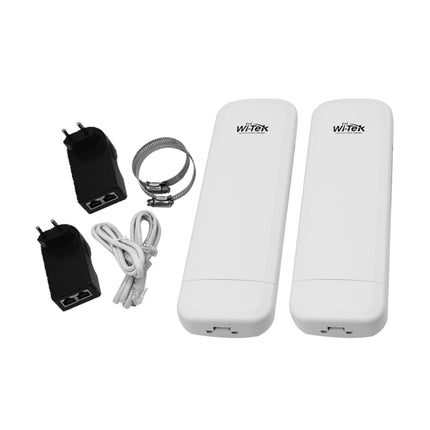 The complete contents of the Wi-Tek WI-CPE513P-KIT V3 box including two pre-paired wireless bridge units, PoE injectors, power cords, and mounting ties.