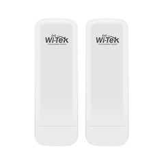A pair of white Wi-Tek WI-CPE513P-KIT V3 outdoor wireless point-to-point bridge units showcasing their side-panel LED signal strength indicators.