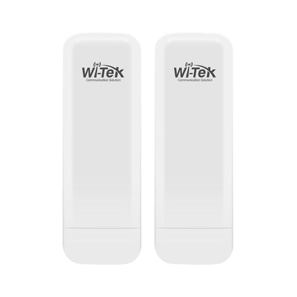 A pair of white Wi-Tek WI-CPE513P-KIT V3 outdoor wireless point-to-point bridge units showcasing their side-panel LED signal strength indicators.
