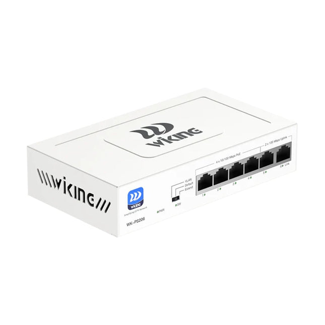 Wi-Tek Wiking WK-PS206 4-port PoE switch front with 2 uplinks and mode switch