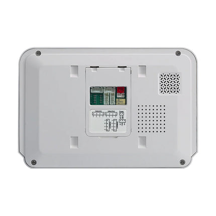 Close-up of the front interface panel on the ZKTeco indoor station, highlighting the backlit capacitive touch buttons used for remote door lock release, camera monitoring, and hands-free intercom calls.