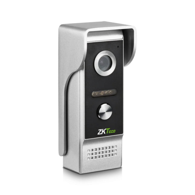 Front view of the ZKTeco VE01-A50L 4-wire villa outdoor station intercom featuring a 2MP camera lens, illuminated call button, and a durable metallic faceplate.